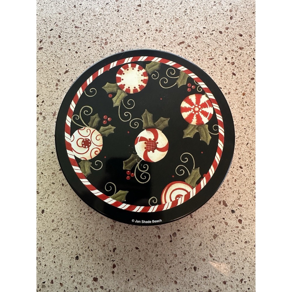 Vintage Christmas Tin 6" Round Jan Shade Beach Peppermint Candies Clean
